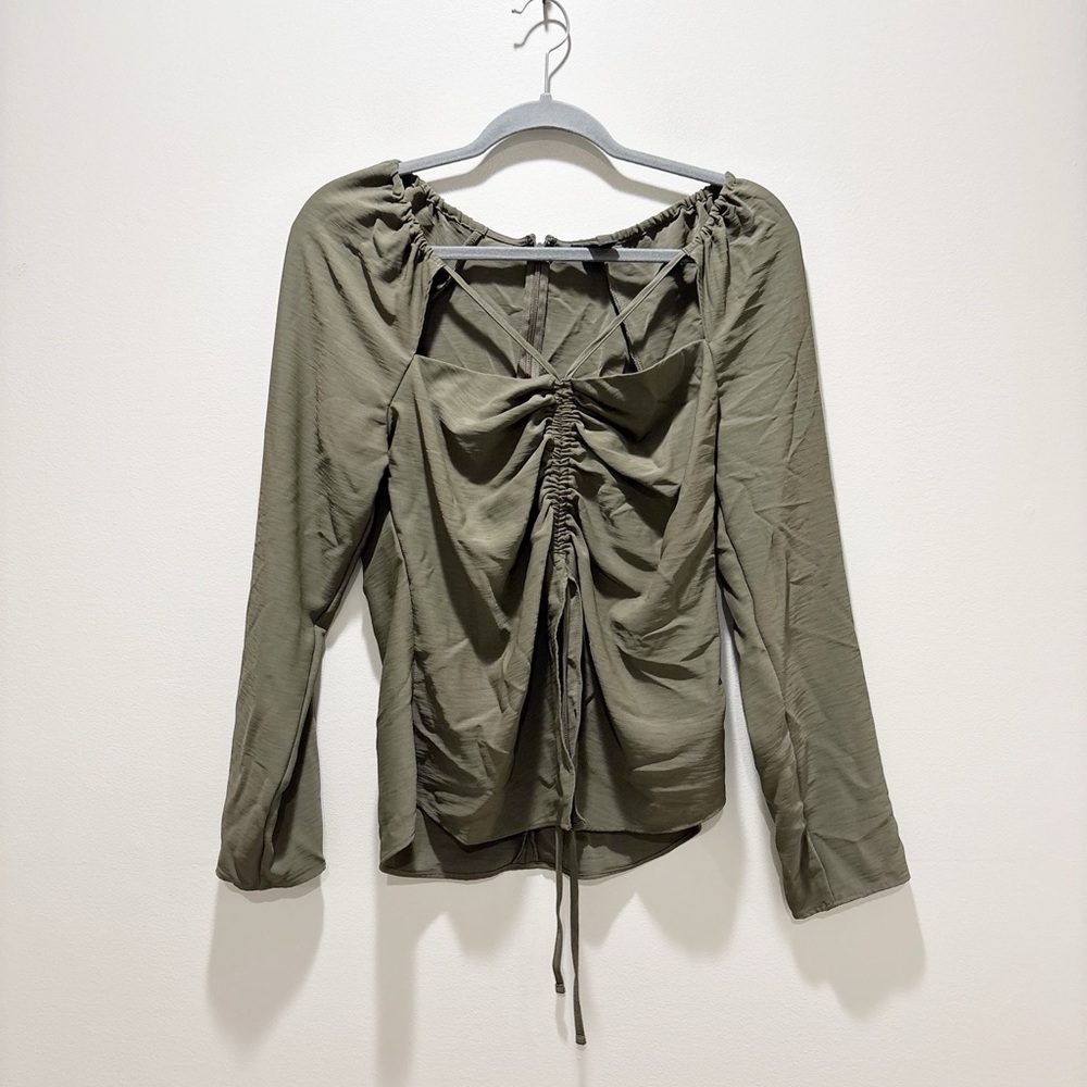 Express Olive Drawstring Ruched Long Sleeve Blouse Cutout Detail Date Night M